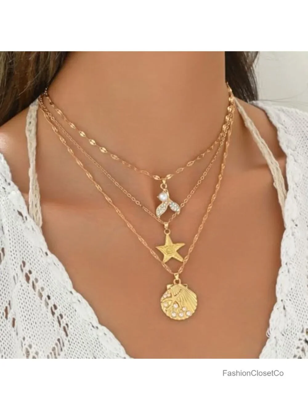 Layered Starfish Necklace for Women, Boho Shell Pearl Pendant, Summer Beach